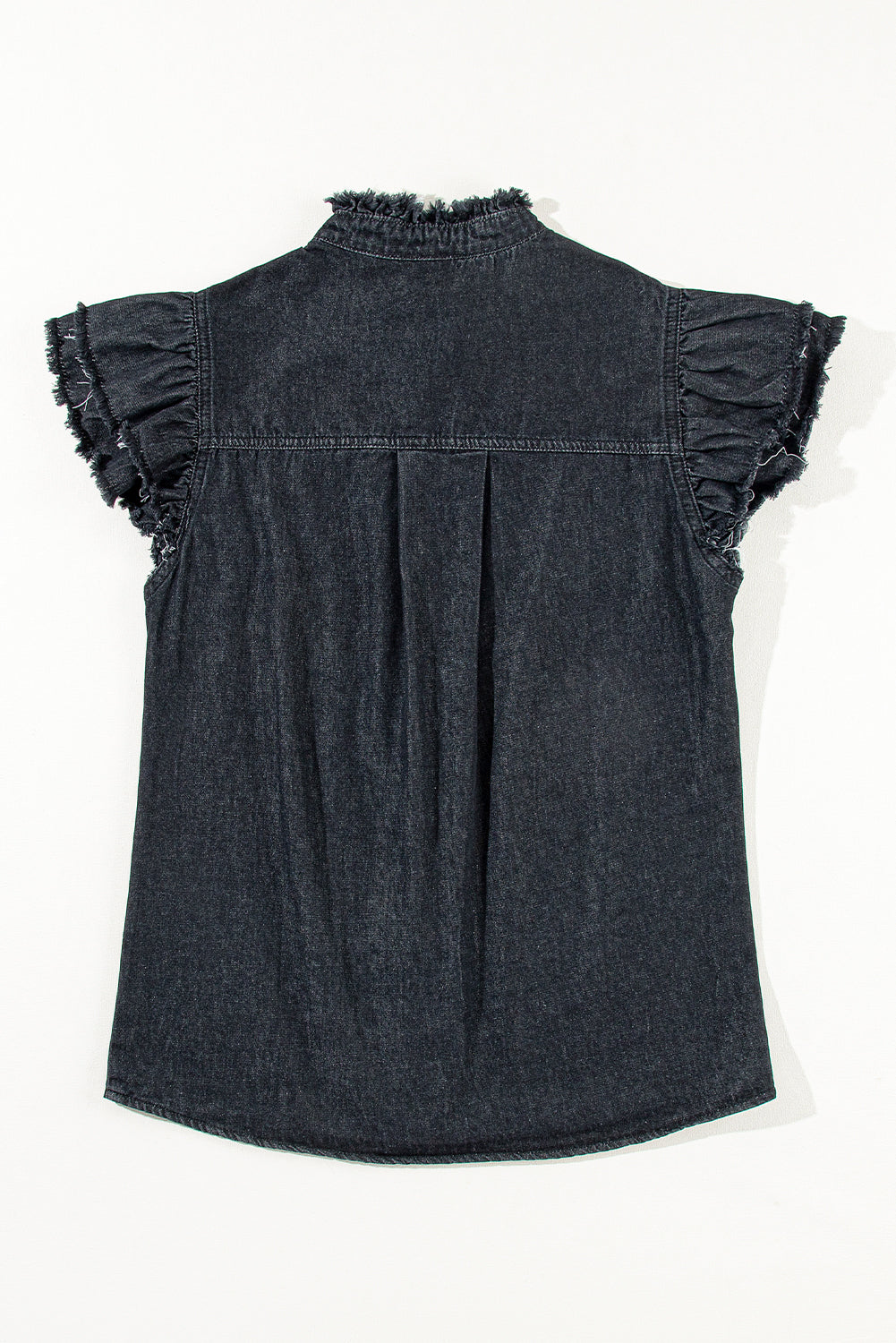 Beau Blue Button Front Ruffled Flutter Frayed Denim Top