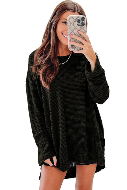 Khaki Waffle Knit High Slits Oversized Top