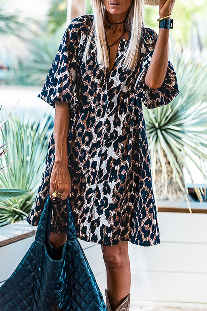 Black Leopard Puff Sleeve Buttons Front Shirt Dress