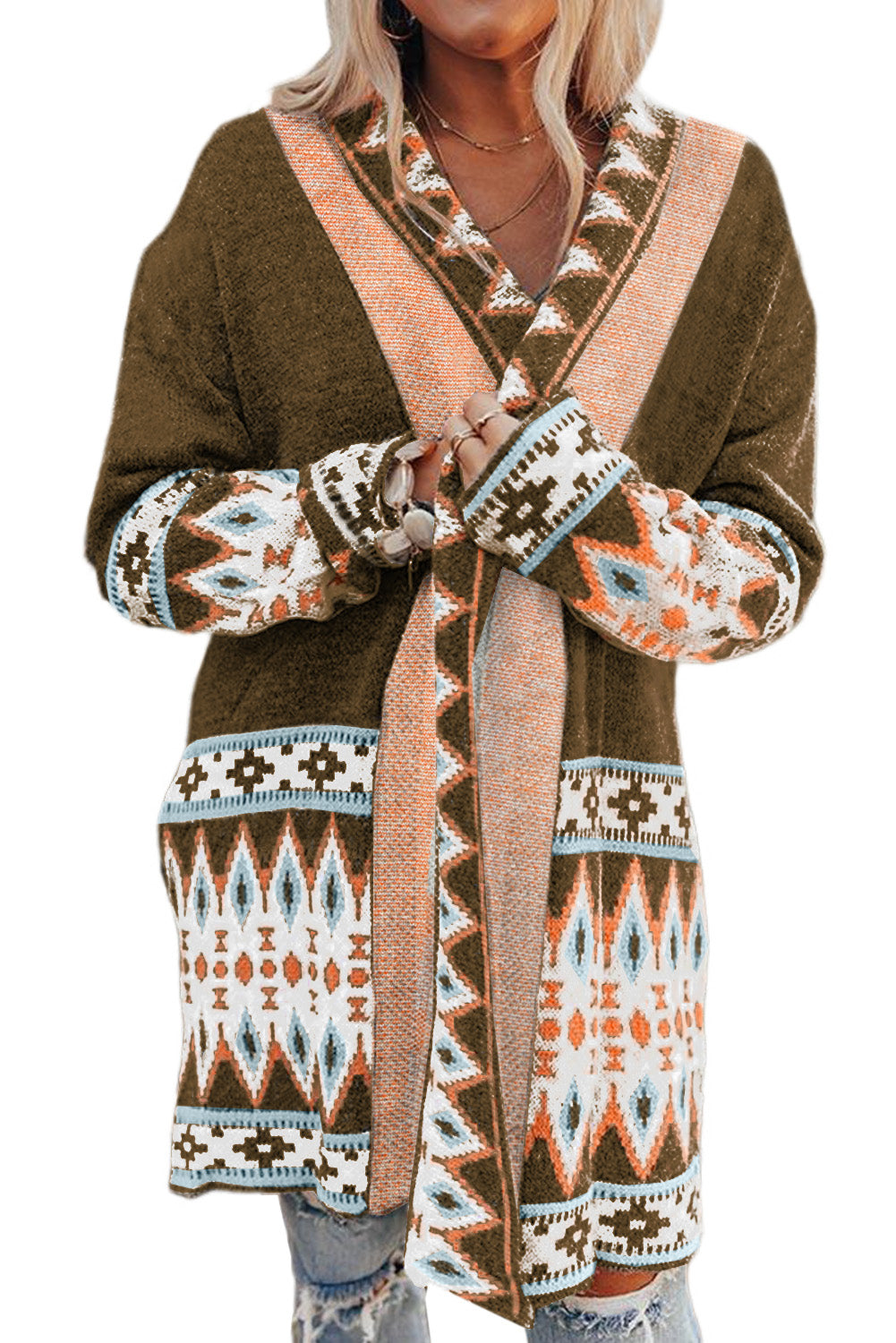 Brown Aztec Print Open Front Knitted Cardigan