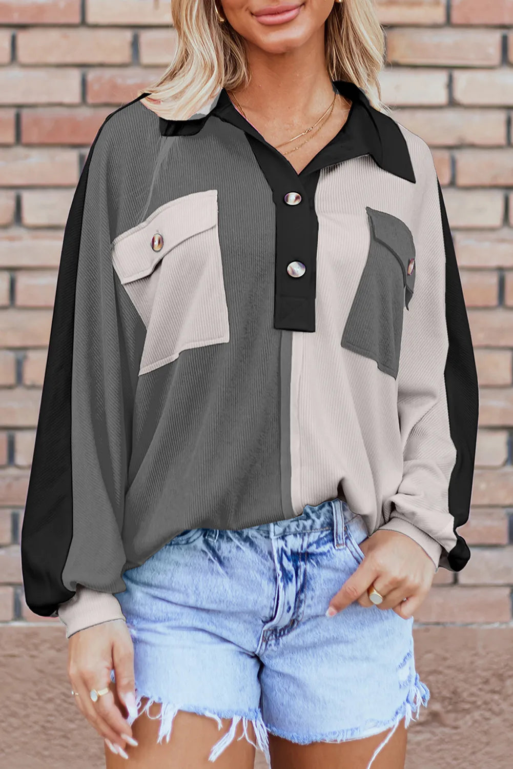 Pocketed Contrast Long Sleeve Sweatshirt