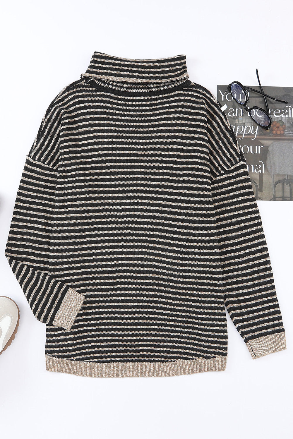 Brown Striped Turtleneck Loose Sweater