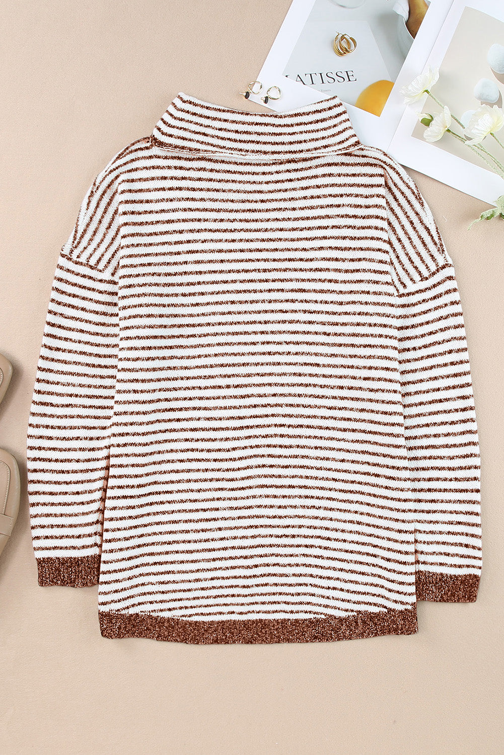 Brown Striped Turtleneck Loose Sweater