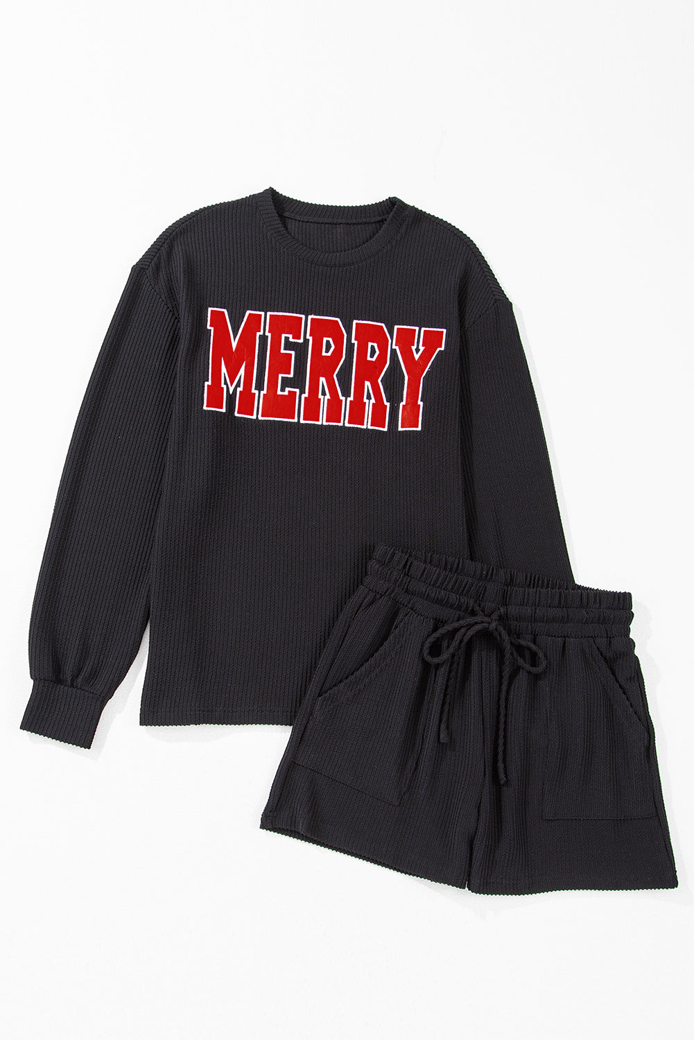 Evergreen Corded MERRY Graphic Long Sleeve Top and Shorts Set