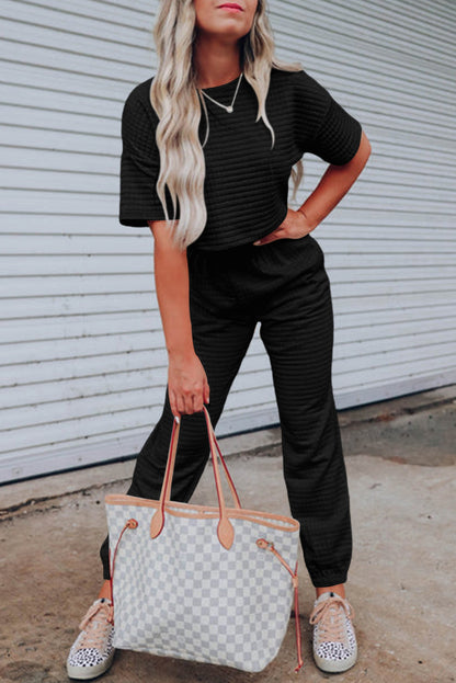 White Lattice Textured Cropped Tee and Jogger Pants Set