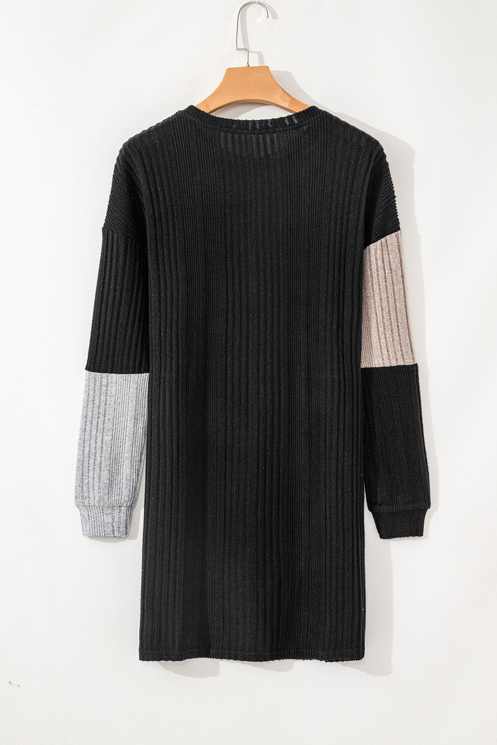 Chestnut Ribbed Color Block Drop Shoulder Long Sleeve Mini Dress