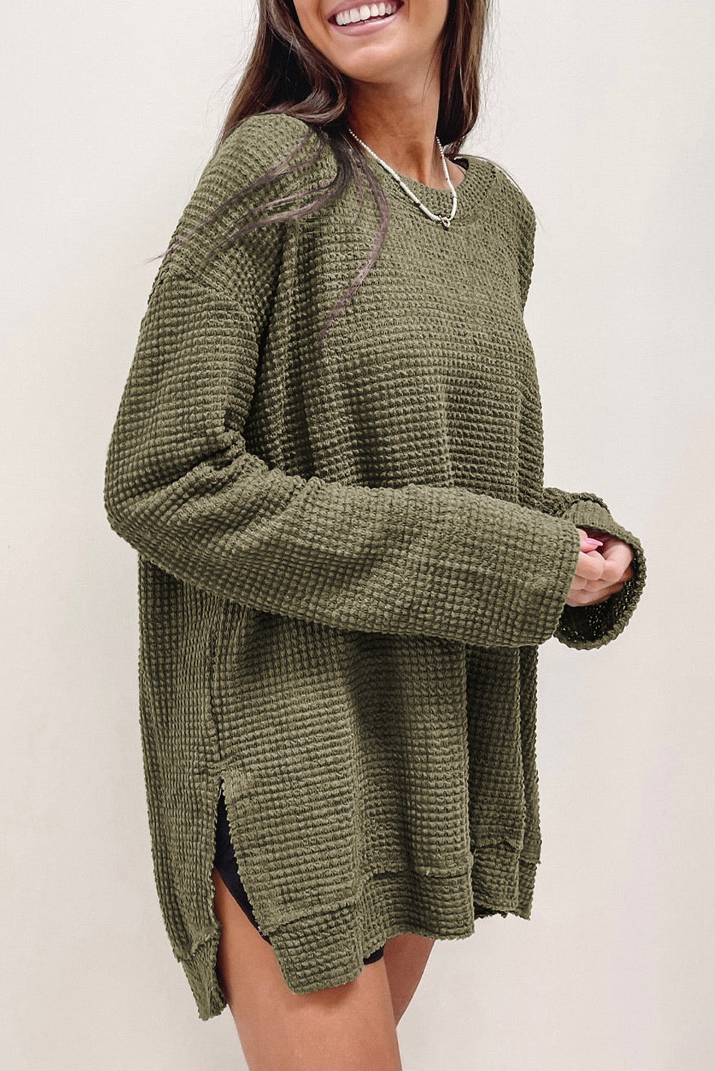 Khaki Waffle Knit High Slits Oversized Top