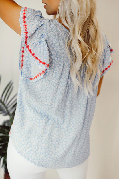 Sky Blue Boho Embroidered Floral Print Flutter Sleeve Blouse