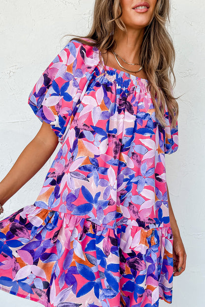 Purple Flower Print Short Puff Sleeve Ruffled Dress