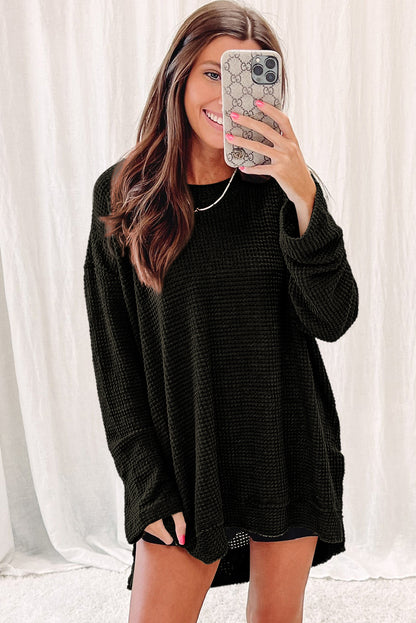 Khaki Waffle Knit High Slits Oversized Top