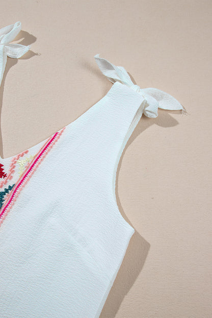 White Floral Embroidered Knot Straps Textured Tank Top