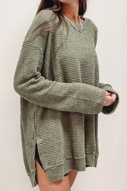 Khaki Waffle Knit High Slits Oversized Top