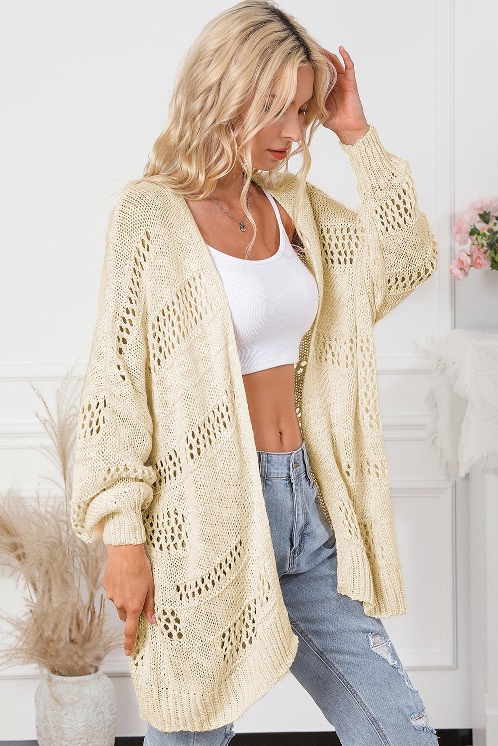 Apricot Plus Size Slouchy Hollowed Knit Open Front Cardigan