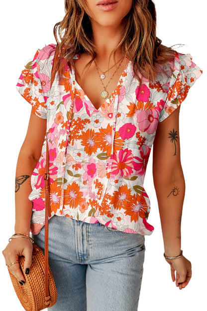 White Floral Frilled Neckline Puff Sleeve Blouse