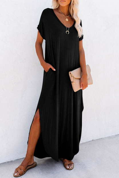 Grass Green V Neck Hidden Pocket Splits Maxi T-shirt Dress