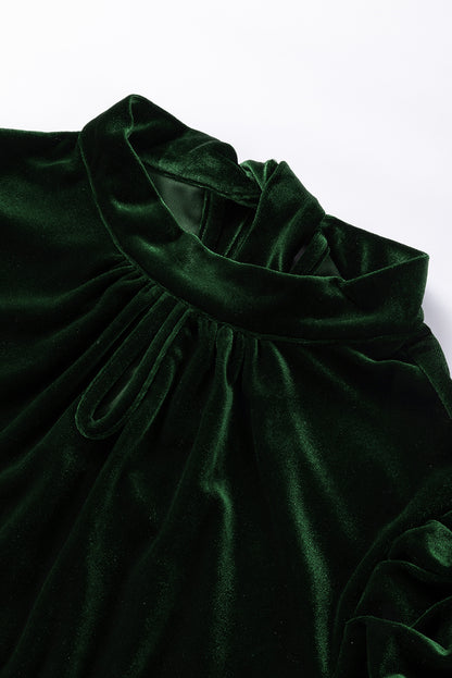 Blackish Green Mock Neck Puff Sleeve Velvet Blouse