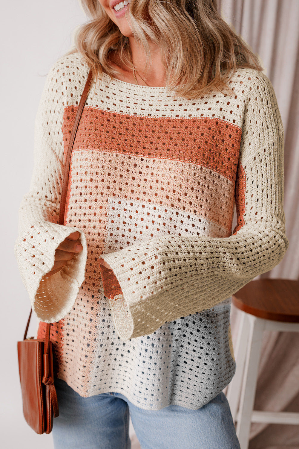 Apricot Pointelle Knit Colorblock Baggy Sweater