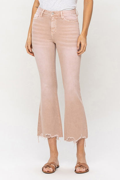 High Rise Distressed Hem Crop Flare Jeans