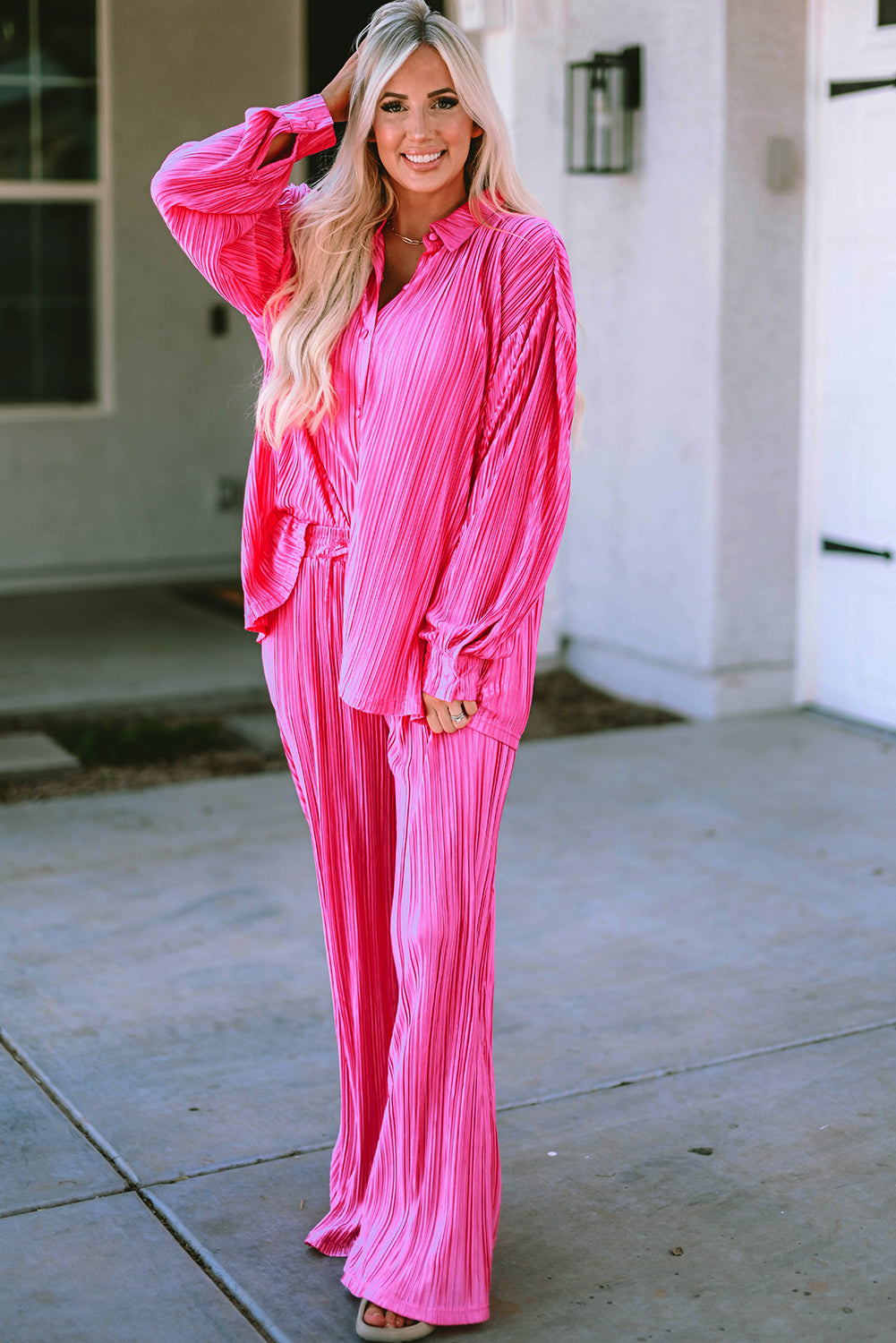 Rose Pleated Long Sleeve Buttoned Drawstring Romper