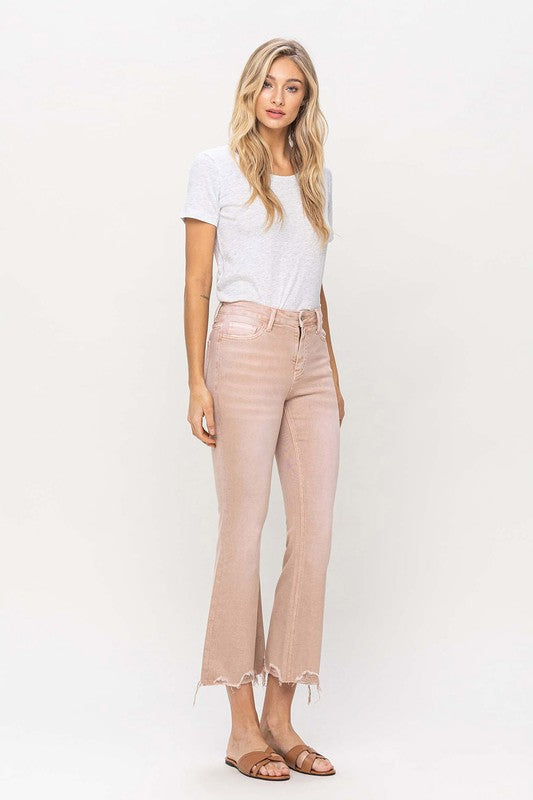 High Rise Distressed Hem Crop Flare Jeans