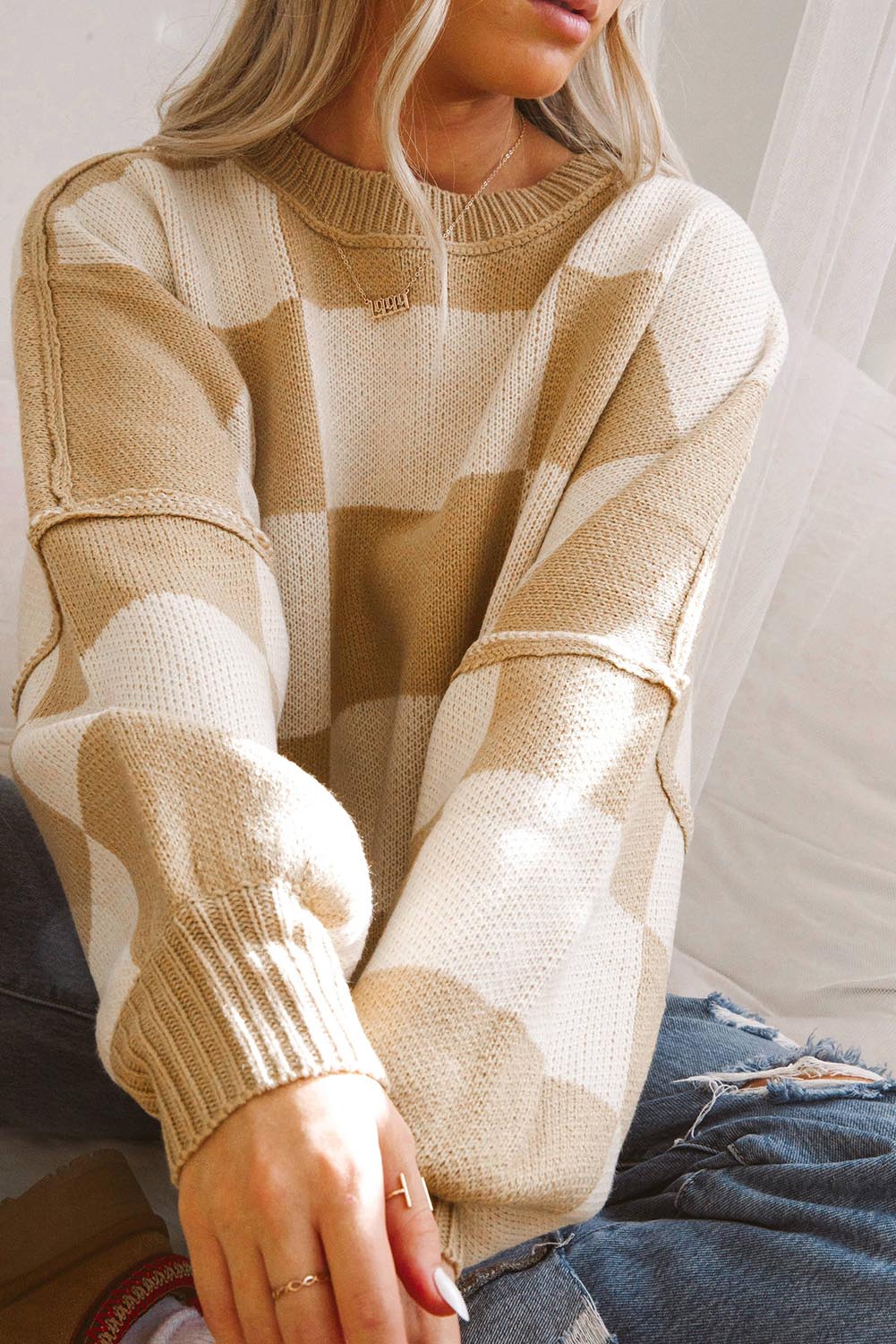 Pink Checkered Bishop Sleeve Sweater