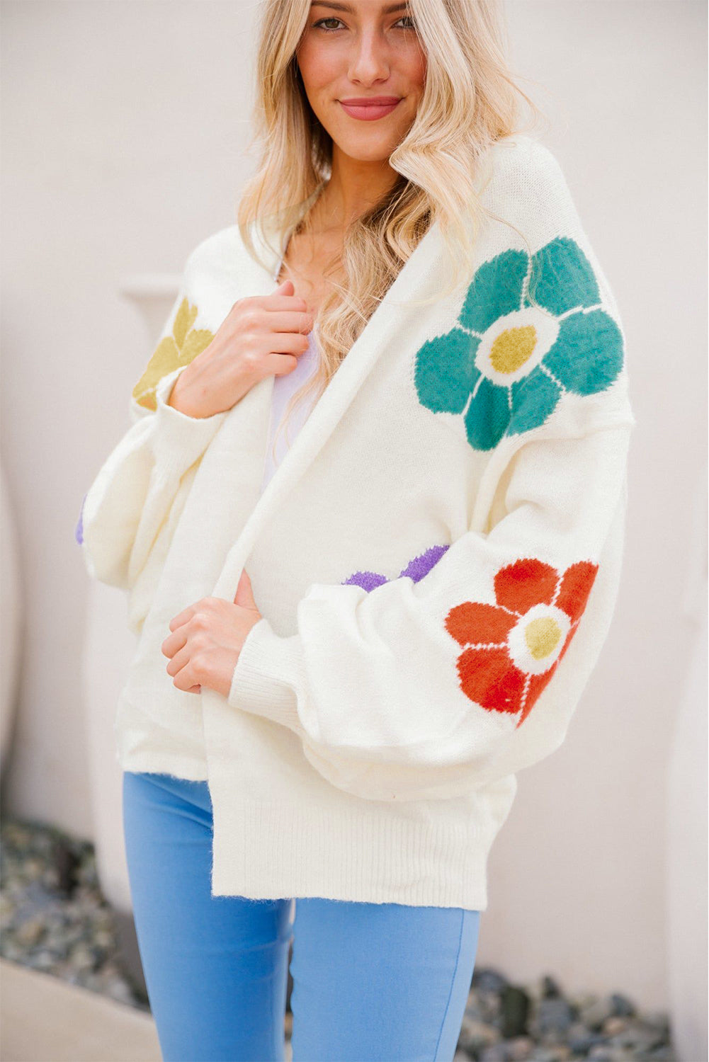 White Flower Jacquared Bubble Sleeve Open Cardigan