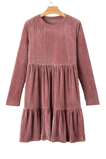 Pale Chestnut Long Sleeve Tiered Ribbed Velvet Dress