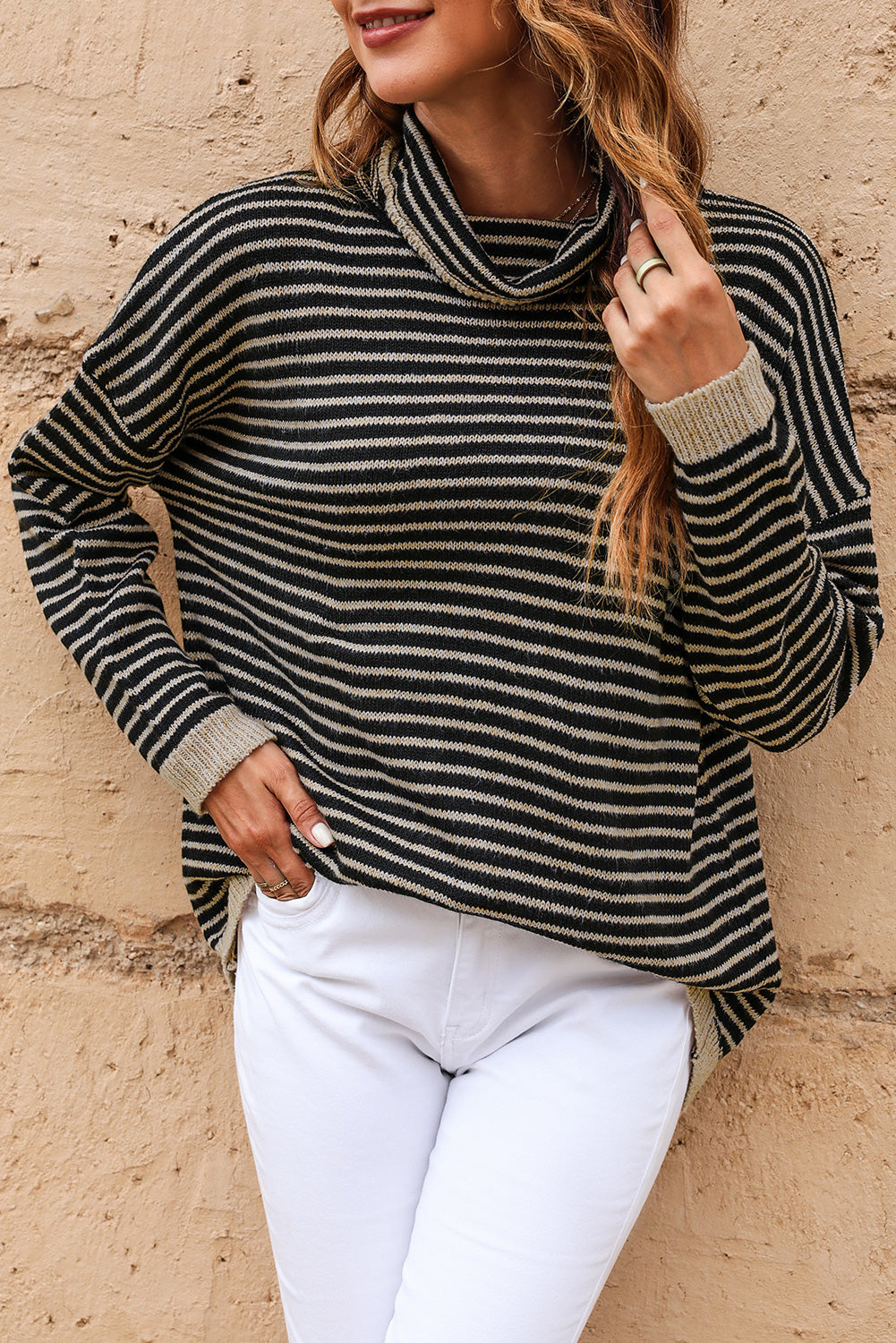 Brown Striped Turtleneck Loose Sweater