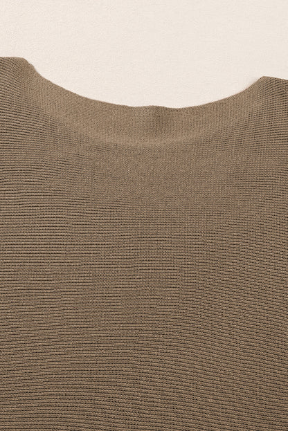 Coffee Round Neck Half Sleeve Ribbed Knit Top