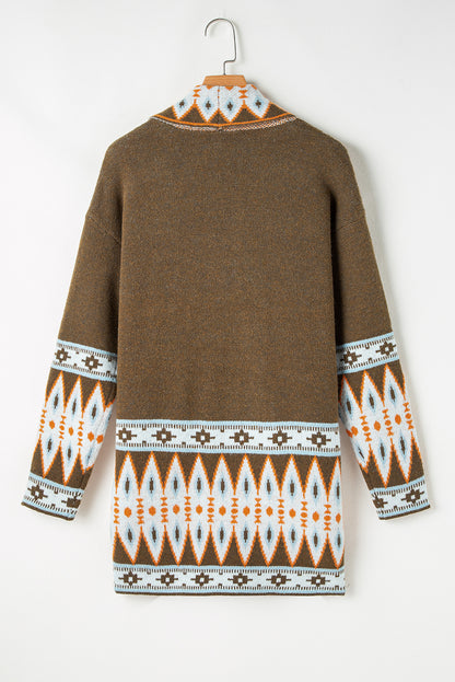 Brown Aztec Print Open Front Knitted Cardigan