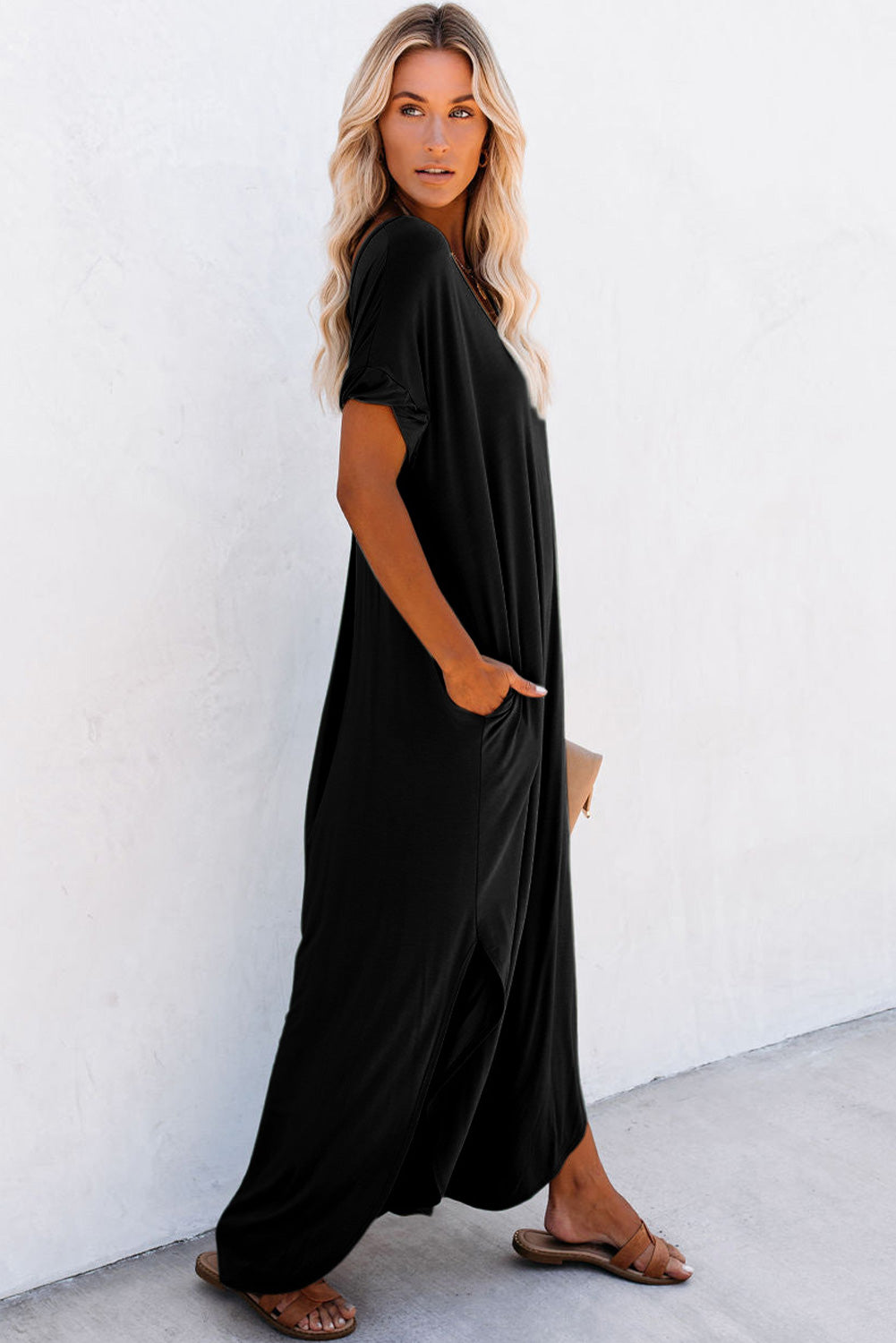 Grass Green V Neck Hidden Pocket Splits Maxi T-shirt Dress