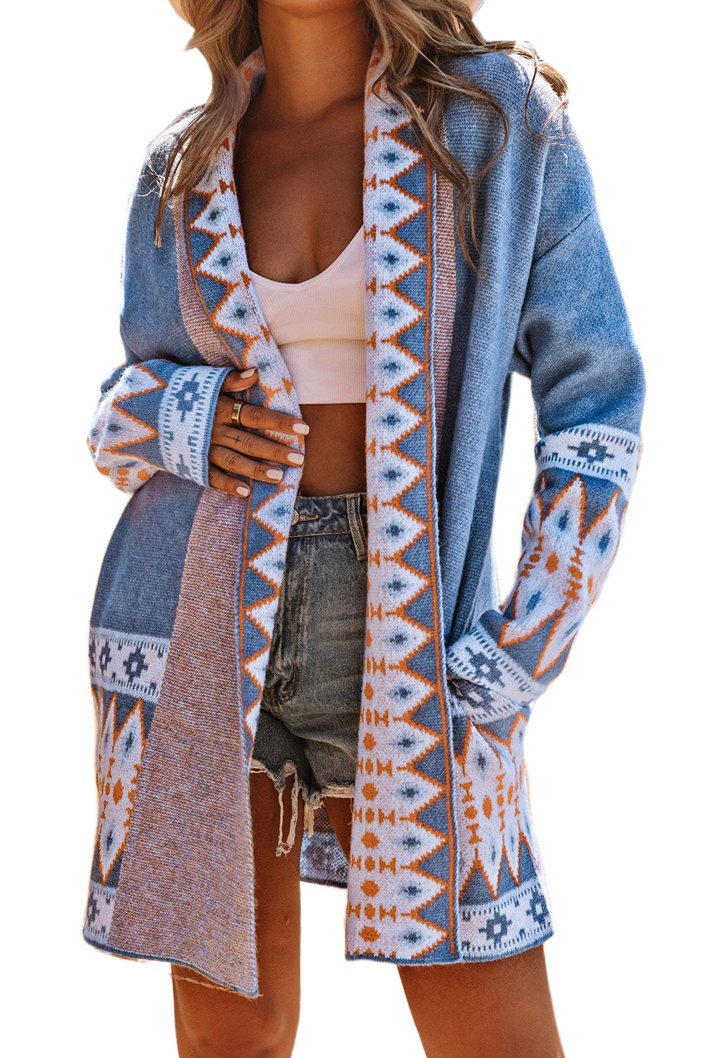 Brown Aztec Print Open Front Knitted Cardigan