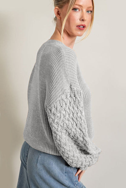 Light Grey Cable Knit Sleeve Drop Shoulder Sweater