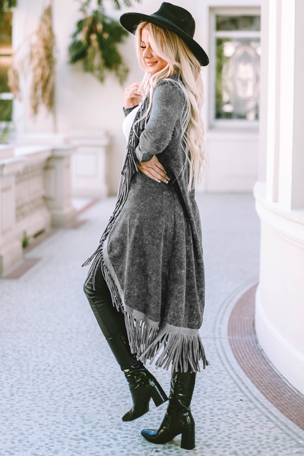 Light French Beige Fringed Hem Pocketed Open Cardigan