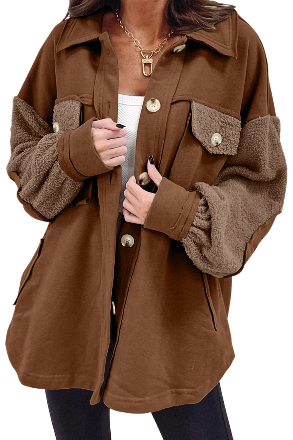 Chestnut Exposed Seam Elbow Patch Oversized Shacket