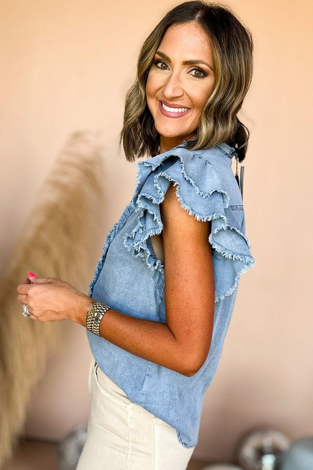 Beau Blue Button Front Ruffled Flutter Frayed Denim Top