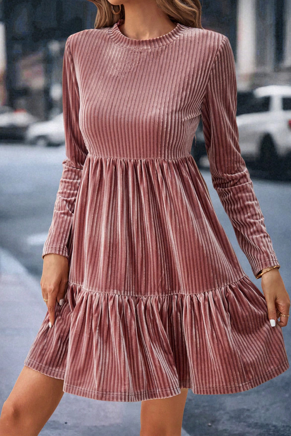 Pale Chestnut Long Sleeve Tiered Ribbed Velvet Dress