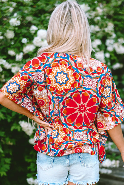 Red Floral Print Batwing Sleeve V Neck Blouse