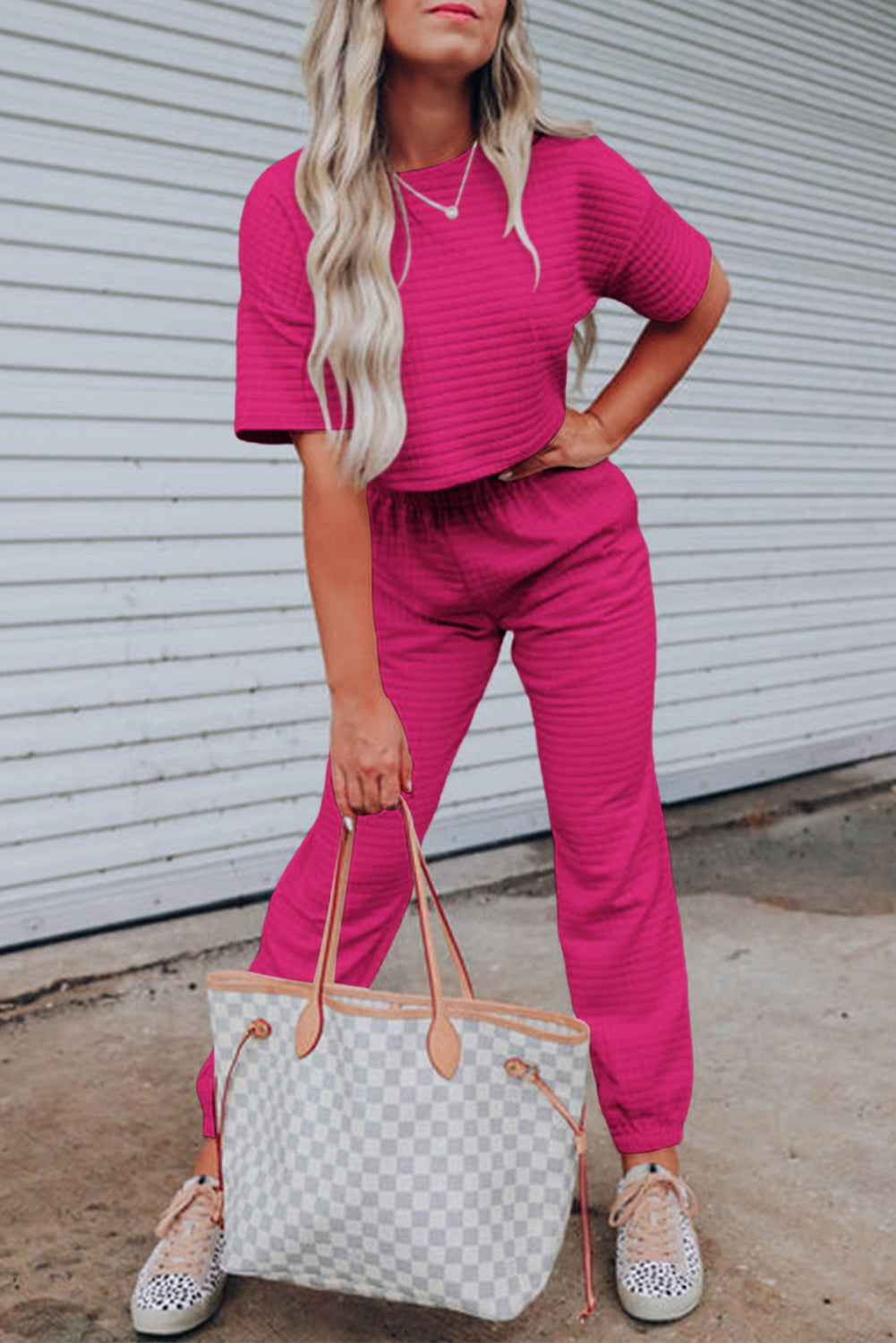 White Lattice Textured Cropped Tee and Jogger Pants Set