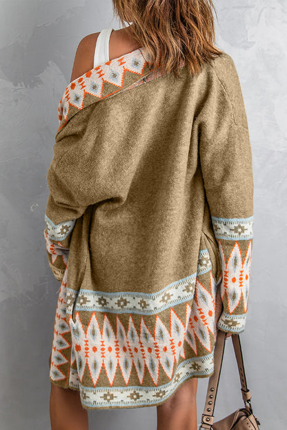 Brown Aztec Print Open Front Knitted Cardigan