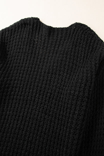 Black Hollow-out Crochet V Neck Sweater