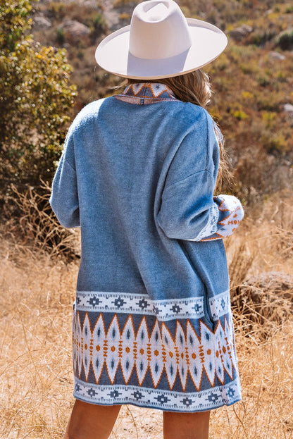 Brown Aztec Print Open Front Knitted Cardigan