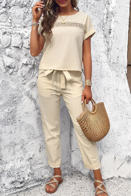 Round Neck Short Sleeve Top and Pants Set