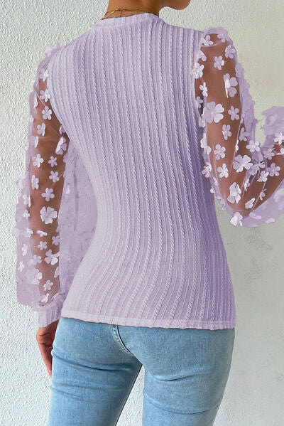 Double Take Textured Applique Long Sleeve Blouse