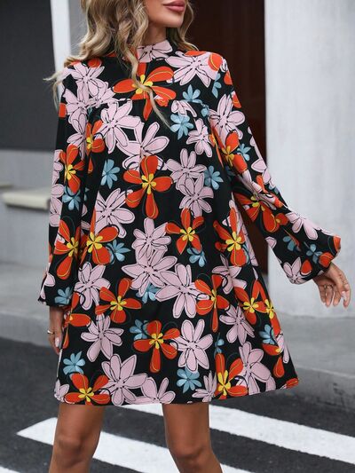 Floral Mock Neck Balloon Sleeve Dress